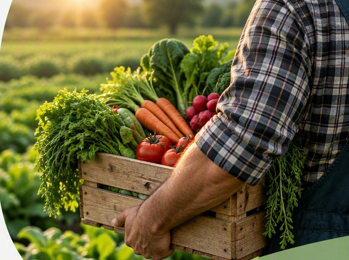 Farmer carrying a crate of freshly harvested vegetables in a field